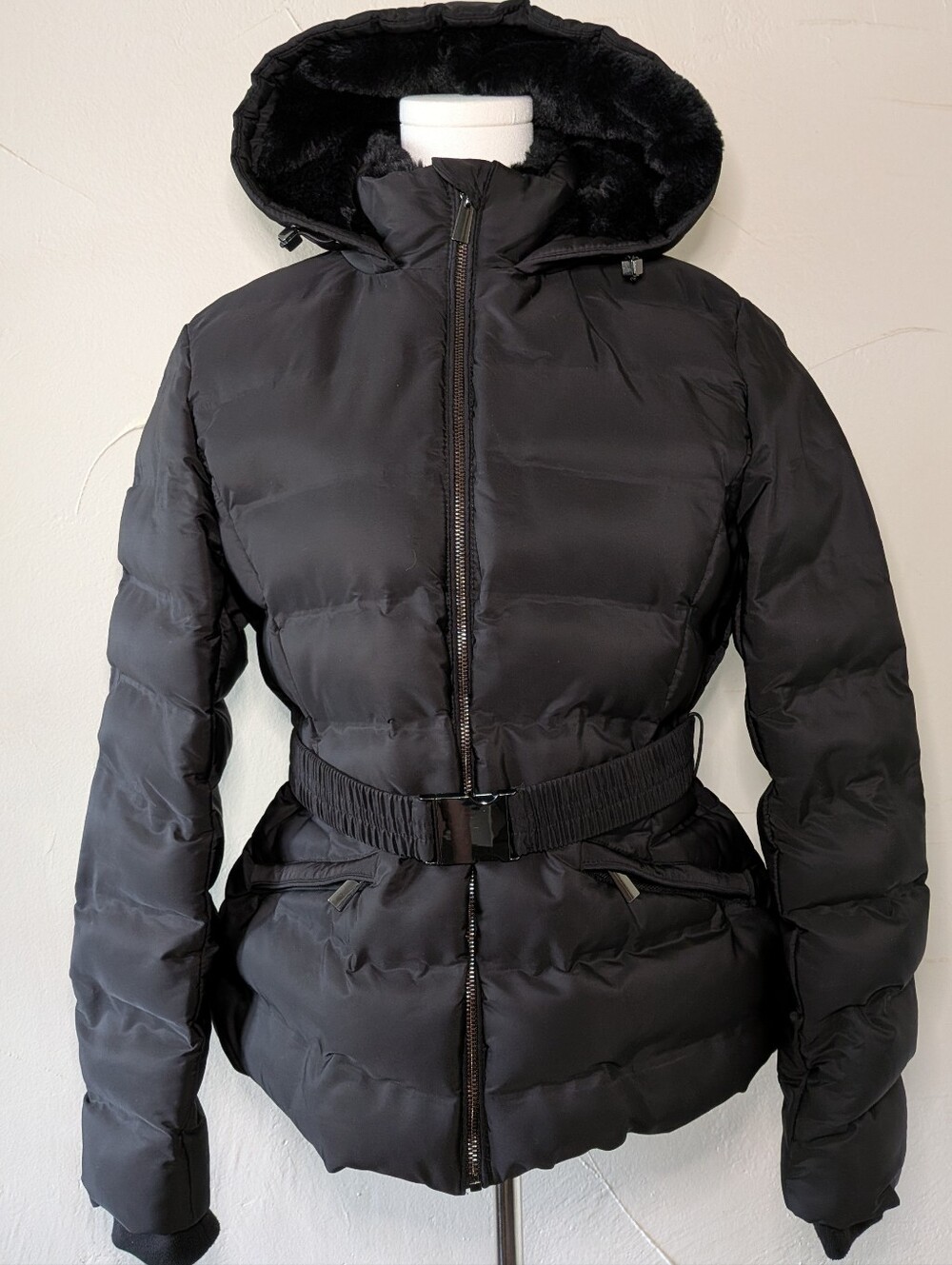 Zara Black Puffer Belted Hooded Jacket L